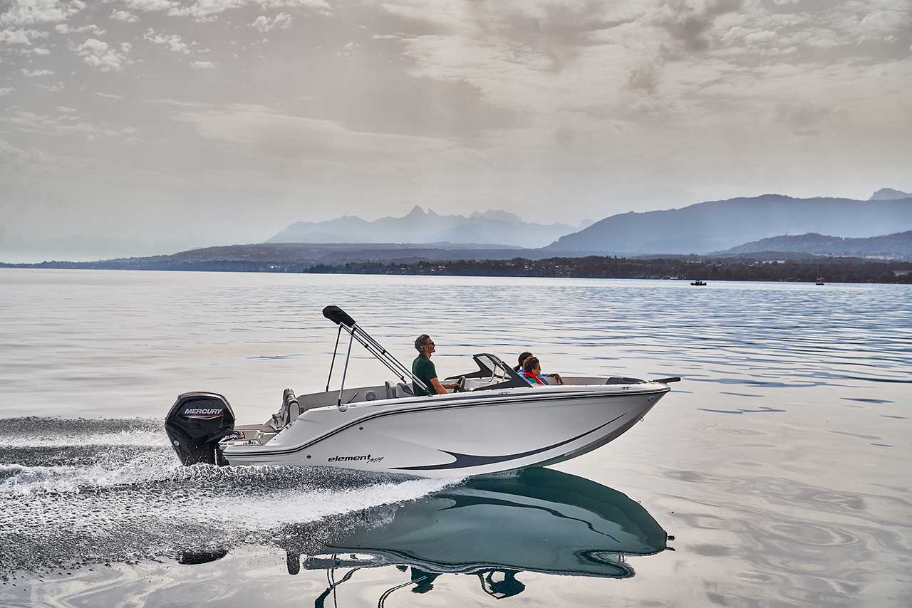 Bayliner M19 sur le lac, montagnes en fond